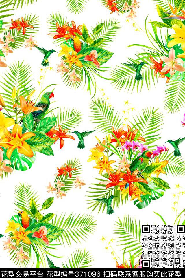 热带风情花鸟纹05 - 371096 - 热带风情 棕榈叶 鹦鹉 - 数码印花花型 － 女装花型设计 － 瓦栏