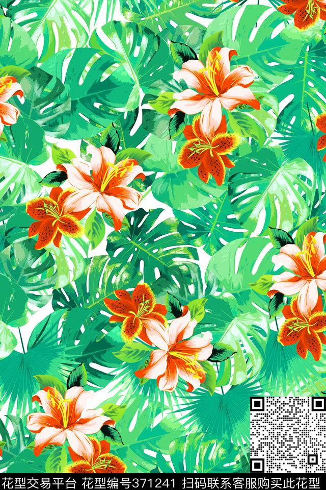 热带风情花样纹 - 371241 - 棕榈叶 热带花 - 数码印花花型 － 女装花型设计 － 瓦栏