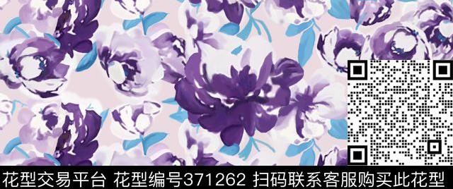 浪漫紫手绘花卉 - 371262 - 花卉 手绘 - 传统印花花型 － 床品花型设计 － 瓦栏