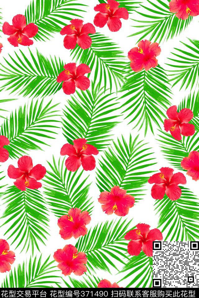 热带风情花卉纹07 - 371490 - 棕榈叶 热带花卉 - 数码印花花型 － 女装花型设计 － 瓦栏