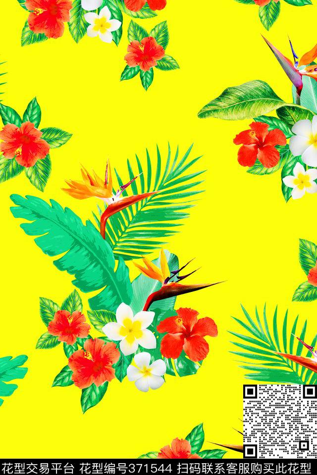 热带风情花纹样07 - 371544 - 热带植物 热带花卉 流行时尚 - 数码印花花型 － 女装花型设计 － 瓦栏