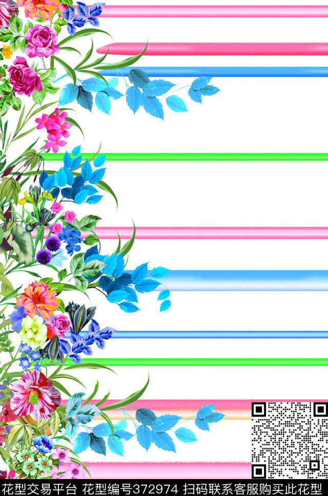 M2722 - 372974 - 花卉   杠条 定位花 花卉 - 数码印花花型 － 女装花型设计 － 瓦栏