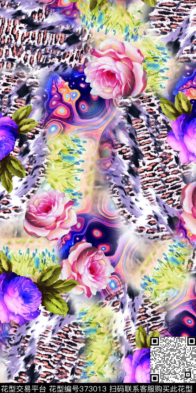 豹纹 - 373013 - 时尚 C豹纹油画 花卉 - 数码印花花型 － 女装花型设计 － 瓦栏