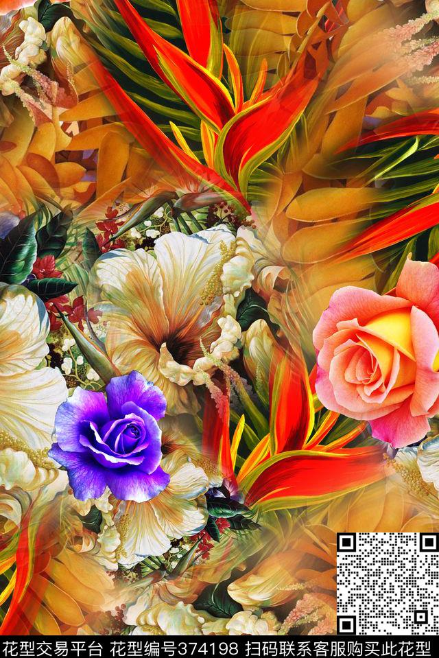 微观失落热带丛林花卉 - 374198 - 花卉 叶子 热带 - 数码印花花型 － 泳装花型设计 － 瓦栏