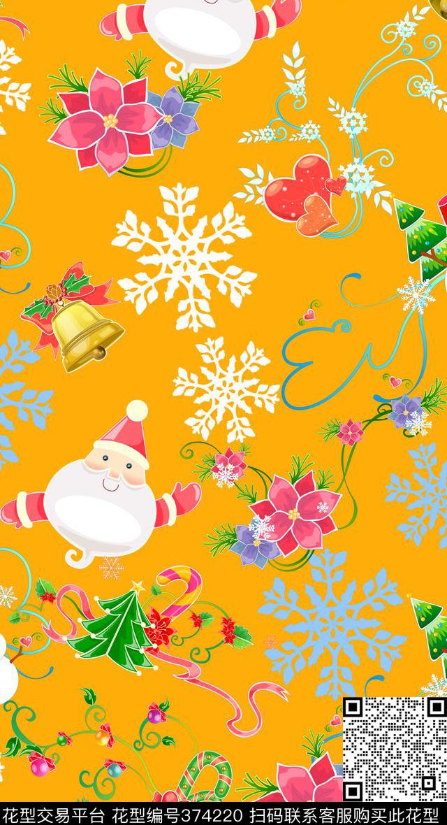 卡通圣诞节圣诞老人雪人糖果铃铛儿童家纺床品花型 - 374220 - 卡通 圣诞老人 雪人 - 传统印花花型 － 床品花型设计 － 瓦栏