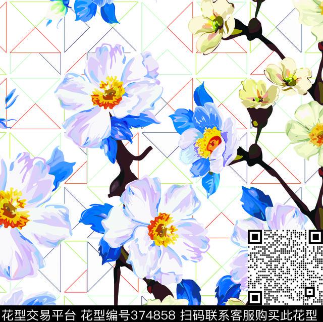 M2730 - 374858 - 花卉  几何  桃花 田园 花卉 - 传统印花花型 － 女装花型设计 － 瓦栏
