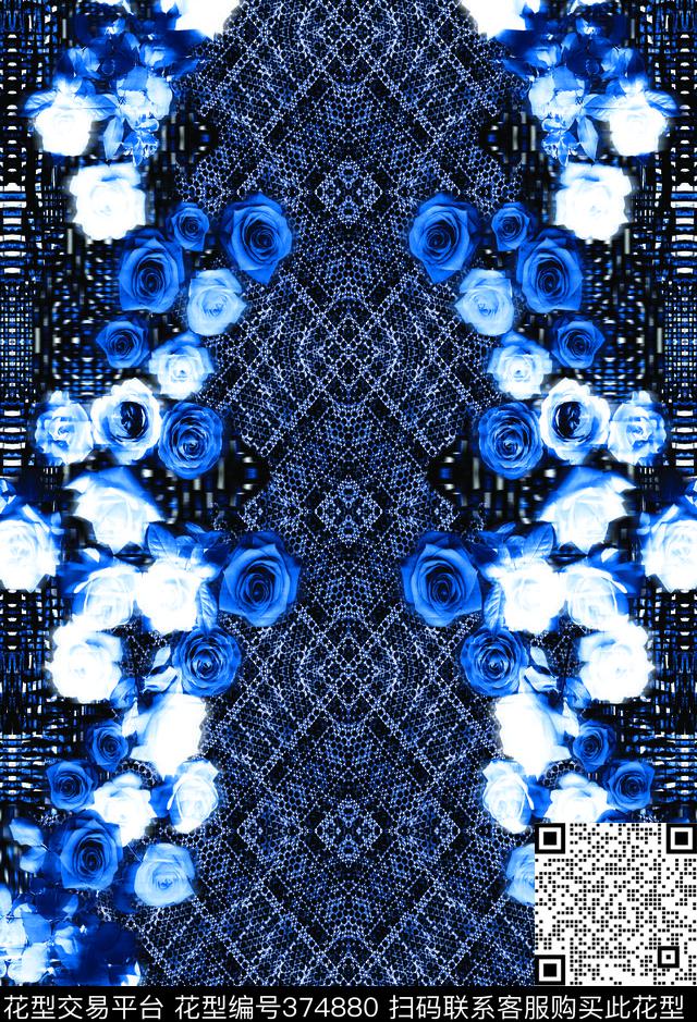 M2731 - 374880 - 蓝色玫瑰    对称定位花卉 欧美风格 花卉 - 数码印花花型 － 女装花型设计 － 瓦栏