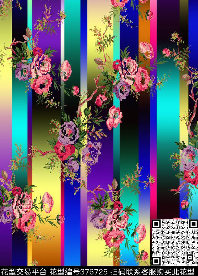 GW0037七彩条子花卉组合 - 376725 - 欧式 七彩条子花卉 树枝 - 数码印花花型 － 女装花型设计 － 瓦栏