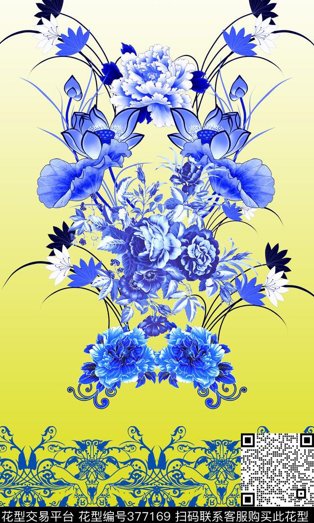 定位青花 - 377169 - 定位 花卉 民族风 - 数码印花花型 － 女装花型设计 － 瓦栏