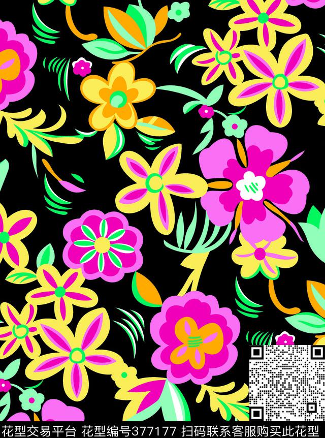 手绘民族风花朵 - 377177 - 民族风 手绘花朵 - 传统印花花型 － 女装花型设计 － 瓦栏