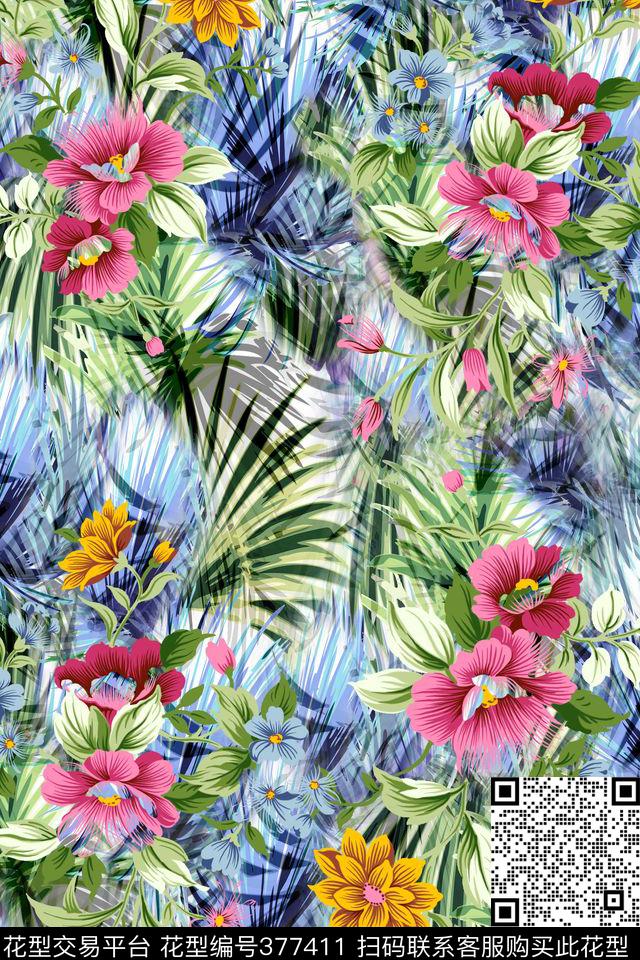 GW0039抽像叶子花朵 - 377411 - 花卉花朵 时尚 竹叶叶子 - 数码印花花型 － 女装花型设计 － 瓦栏