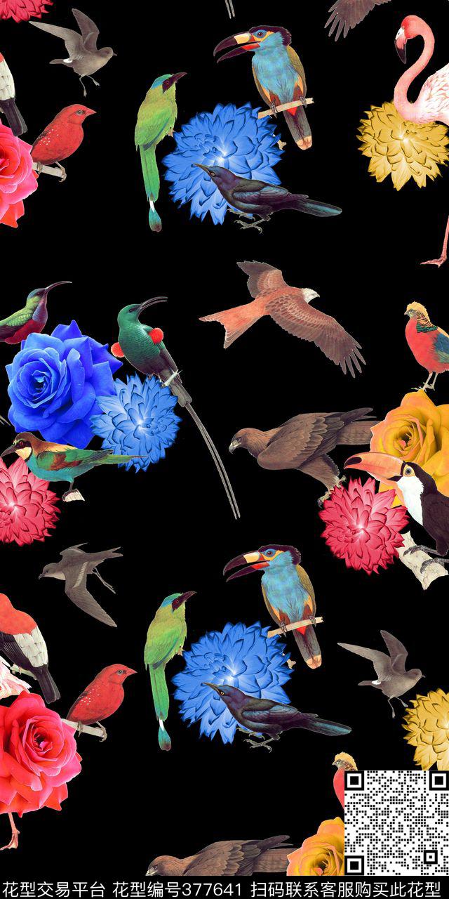 丛林生物动物鸟类花卉玫瑰花 - 377641 - 动物 鸟类 花卉 - 数码印花花型 － 女装花型设计 － 瓦栏