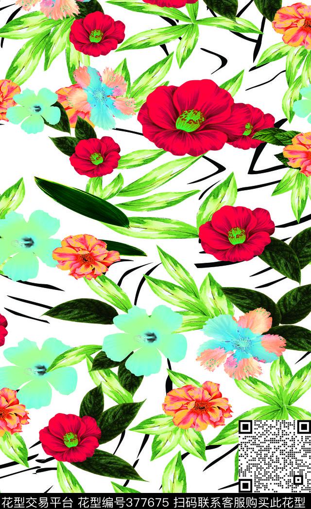 M2748 - 377675 - 叶子 花卉 写意 花卉 - 数码印花花型 － 女装花型设计 － 瓦栏