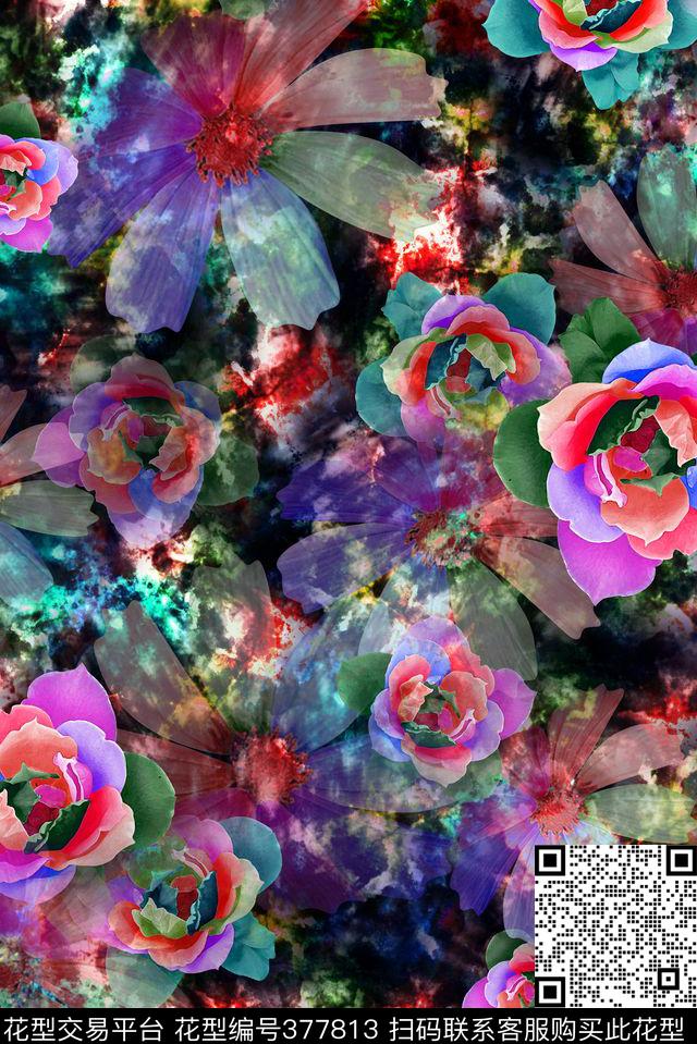 七彩玫瑰花 印花 - 377813 - 数码 玫瑰花 - 数码印花花型 － 女装花型设计 － 瓦栏
