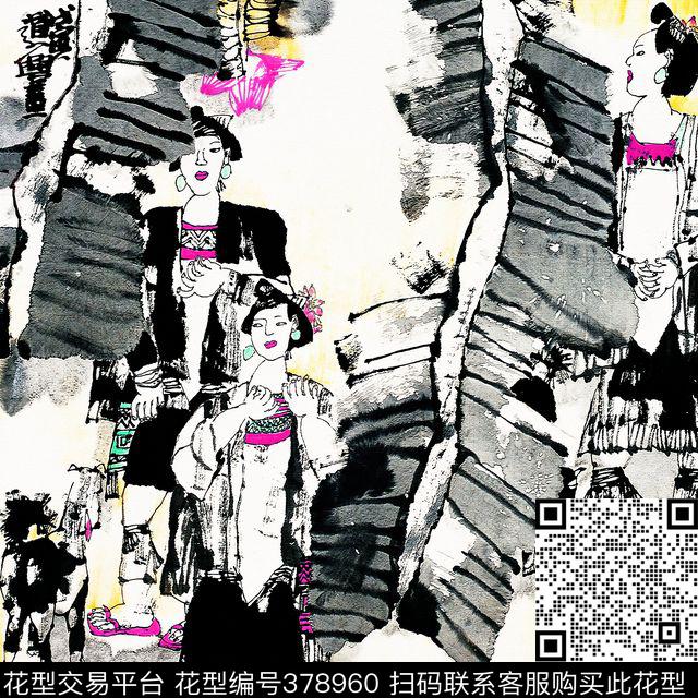 中国风水墨画抽象人物方巾系列 - 378960 - 抽象人物 水墨 中国风 - 数码印花花型 － 方巾花型设计 － 瓦栏