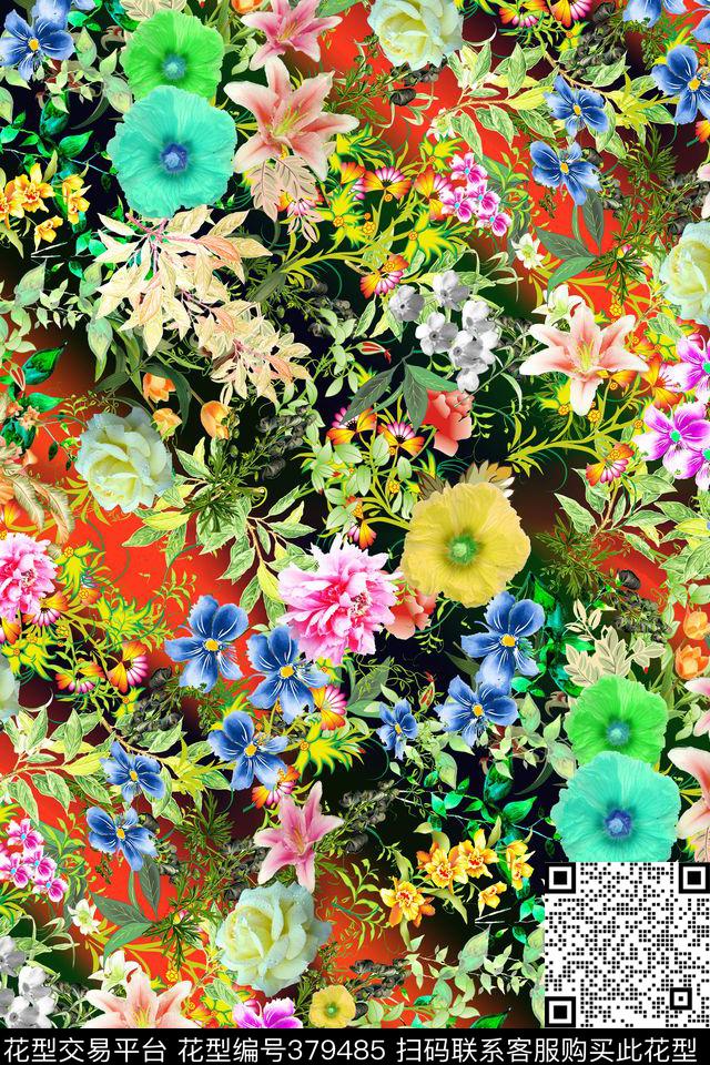女装花型/热带花卉（喇叭花） 数码印花花型 - 379485 - 连衣裙 花卉 热带植物 - 数码印花花型 － 女装花型设计 － 瓦栏