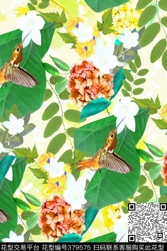 手绘花鸟图案(无分层稿) - 379575 - 蜂鸟 花卉 手绘 - 数码印花花型 － 女装花型设计 － 瓦栏