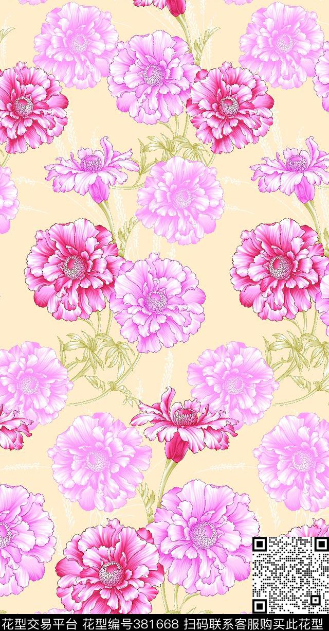 家纺花型、花卉 - 381668 - 花卉 满底花 - 传统印花花型 － 床品花型设计 － 瓦栏
