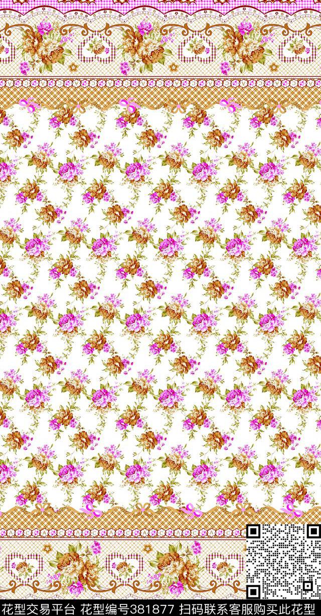 家纺花卉花型 - 381877 - 定位花 碎花 格子 - 传统印花花型 － 床品花型设计 － 瓦栏