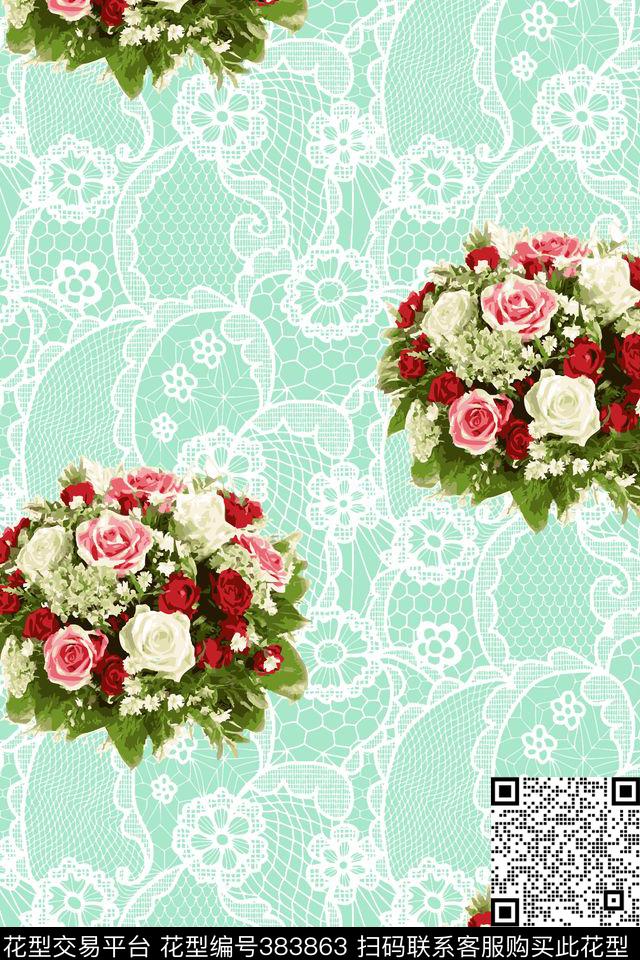 蕾丝，玫瑰花，一束花，粉白，水粉 - 383863 - 花卉 蕾丝 田园 - 传统印花花型 － 床品花型设计 － 瓦栏