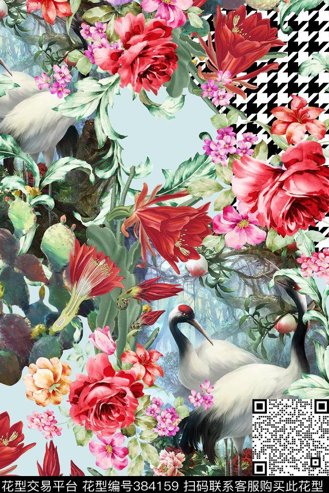 千鸟格花卉动物组合 - 384159 - 低调 千鸟格 花卉 - 数码印花花型 － 女装花型设计 － 瓦栏