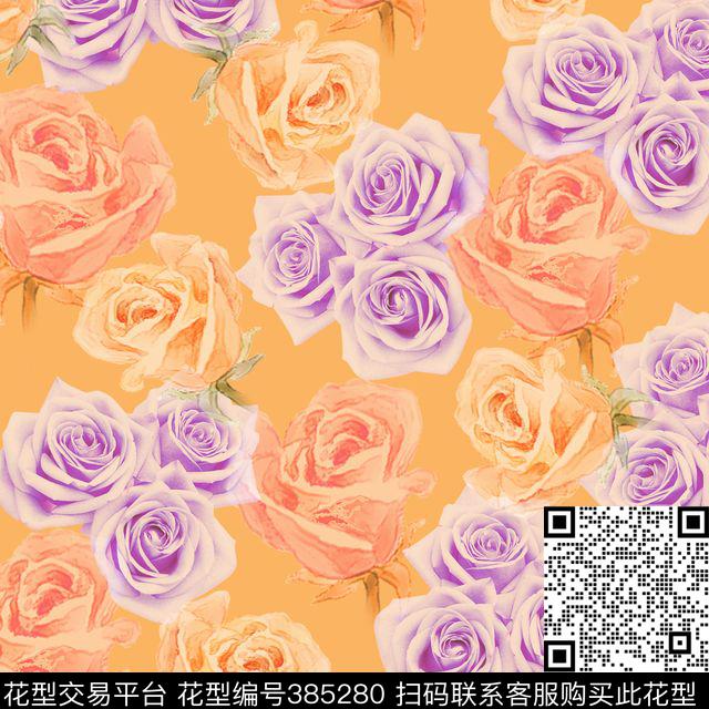 玫瑰 - 385280 - 田园 玫瑰 - 数码印花花型 － 女装花型设计 － 瓦栏