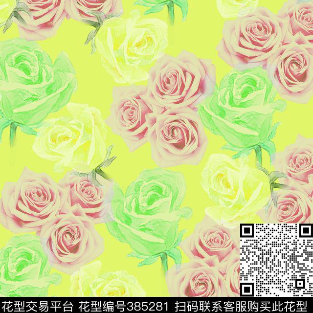 玫瑰 - 385281 - 田园 玫瑰 - 数码印花花型 － 女装花型设计 － 瓦栏