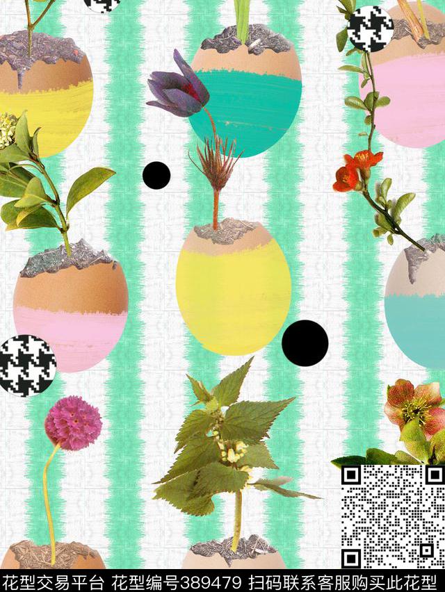 条纹破蛋植物 - 389479 - 热带 填充 条纹 - 数码印花花型 － 女装花型设计 － 瓦栏