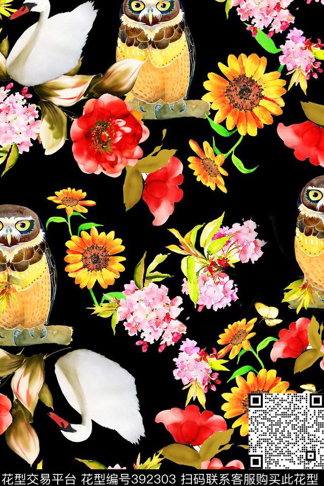 儿童手绘极品猫头鹰 - 392303 - 猫头鹰 花卉 趣味 - 数码印花花型 － 女装花型设计 － 瓦栏