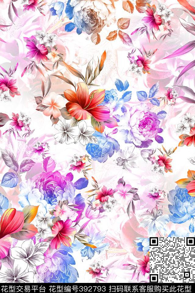 飞舞中的木槿花 - 392793 - 百合 木槿花 花卉 - 数码印花花型 － 女装花型设计 － 瓦栏
