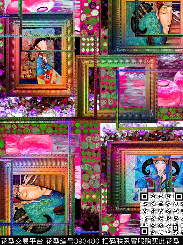 质感彩色框画 - 393480 - 复古 梦幻抽象 格子 - 数码印花花型 － 女装花型设计 － 瓦栏