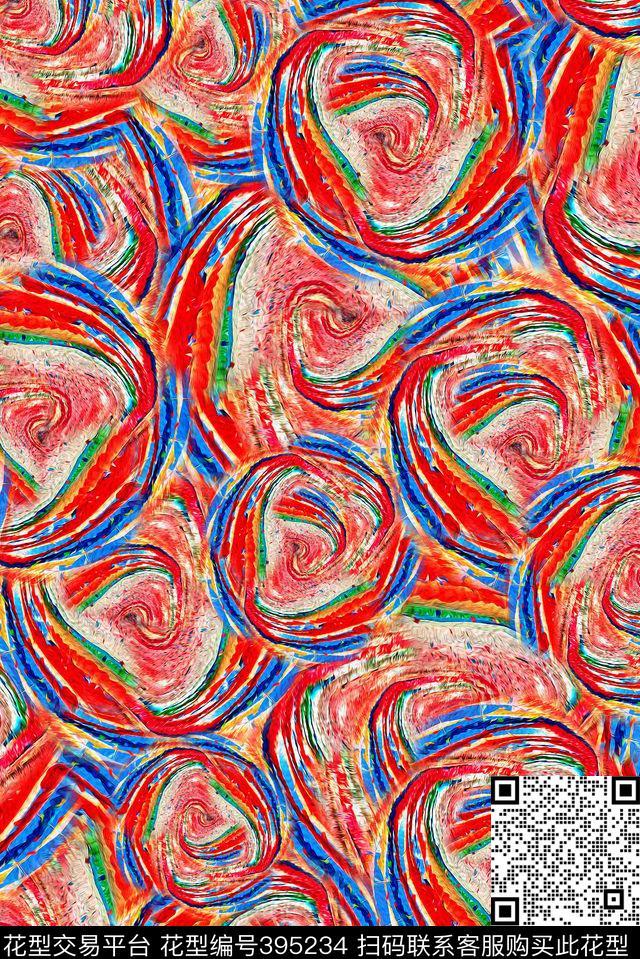 迷情色彩漩涡油画纹理 - 395234 - 手绘 线条 油画 - 数码印花花型 － 泳装花型设计 － 瓦栏