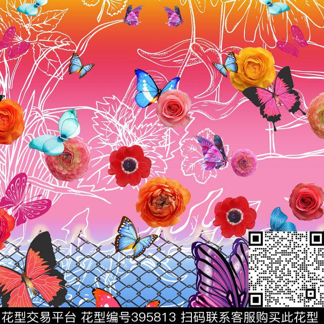 高端女装 - 395813 - 甜美 花卉 蝴蝶 - 数码印花花型 － 女装花型设计 － 瓦栏