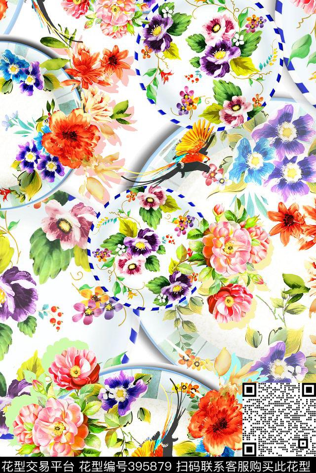 瓷盘手绘花卉 - 395879 - 瓷盘 花卉 泳装 - 数码印花花型 － 女装花型设计 － 瓦栏