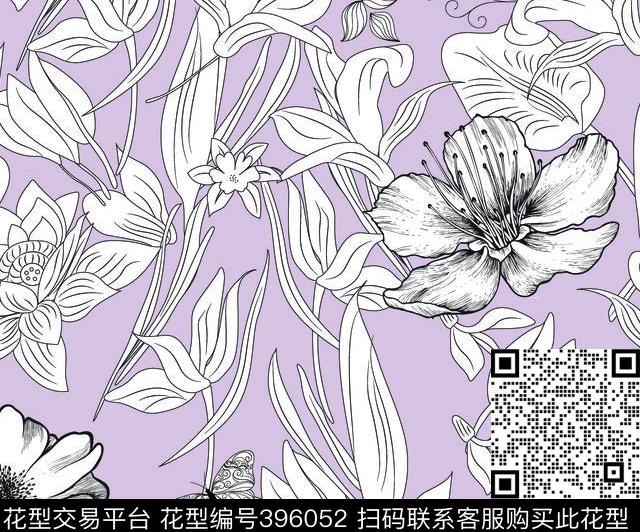 数码匹布印花 - 396052 - 浅新 花朵花纹 数码匹印 - 传统印花花型 － 女装花型设计 － 瓦栏