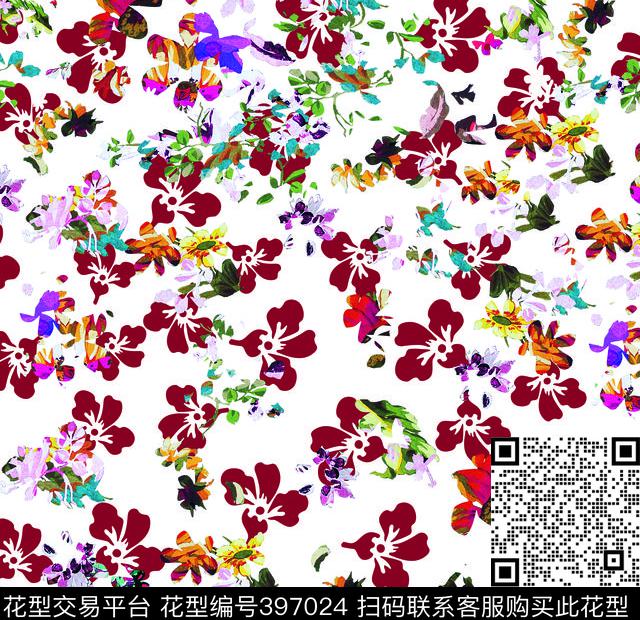 1019 - 397024 - 花卉 时尚  写意 - 数码印花花型 － 女装花型设计 － 瓦栏