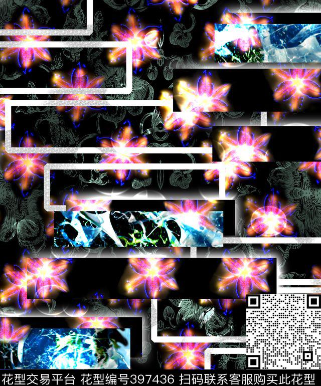 夜光花 - 397436 - 未来感 视错 叠加 夜光花 条格 肌理纹路 光斑 - 数码印花花型 － 箱包花型设计 － 瓦栏