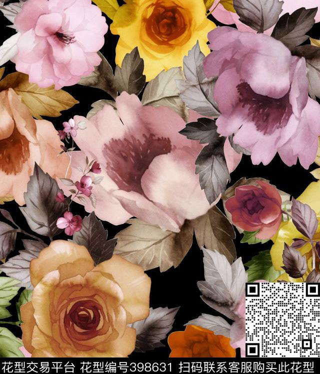 水彩效果花卉 - 398631 - 清新 水彩 - 数码印花花型 － 女装花型设计 － 瓦栏