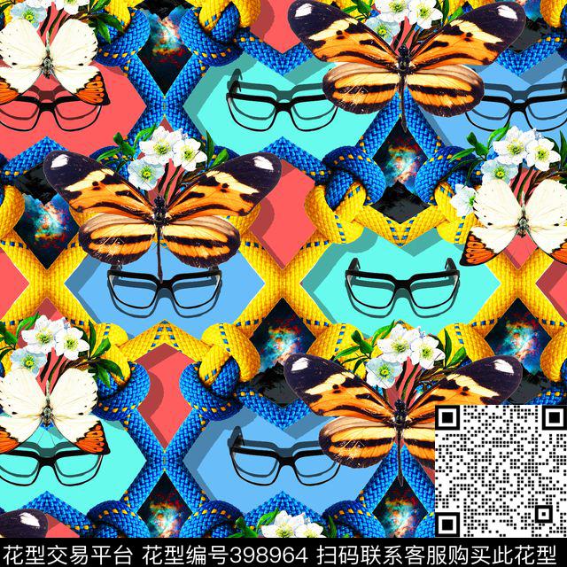 绳子上的蝴蝶花 - 398964 - 趣味 蝴蝶 几何 - 数码印花花型 － 女装花型设计 － 瓦栏
