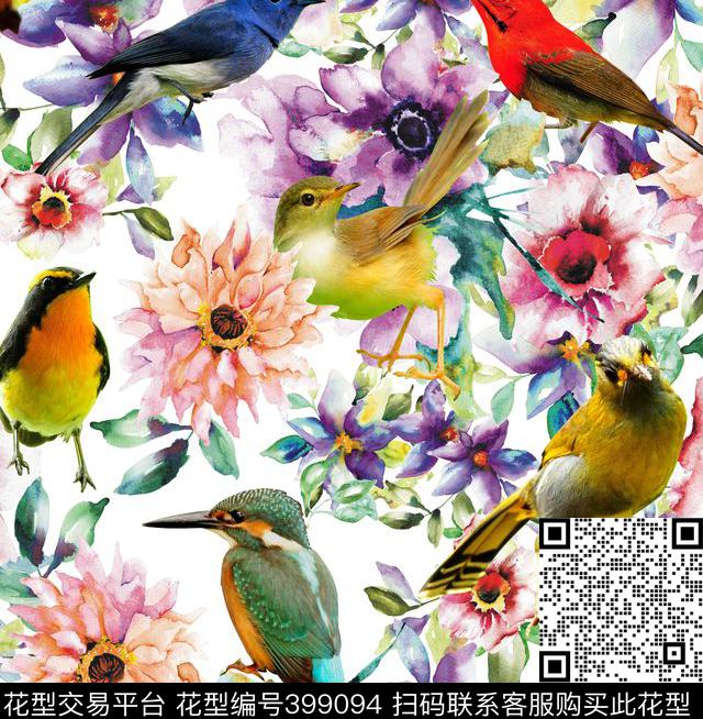 小鸟加花卉 - 399094 - 写意 小鸟 花卉 - 数码印花花型 － 床品花型设计 － 瓦栏