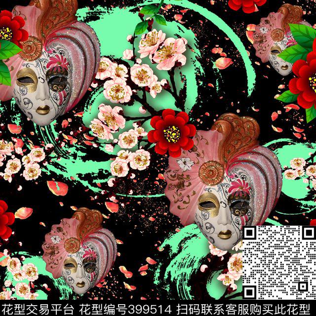 日式面具樱花印花 - 399514 - 日式 樱花 面具 - 数码印花花型 － 女装花型设计 － 瓦栏