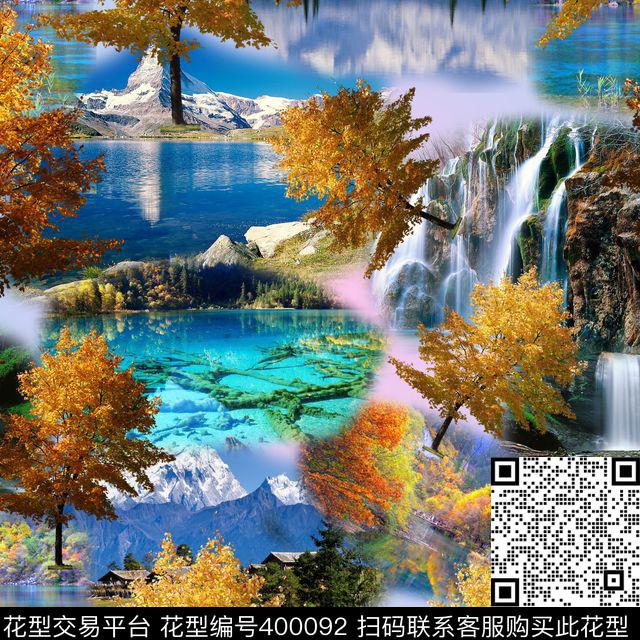 大好河山，山水图 - 400092 - 风景 山水 中性 - 数码印花花型 － 女装花型设计 － 瓦栏