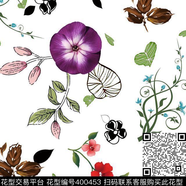 小杂花 - 400453 - 凌乱 手绘、鲜花 - 数码印花花型 － 女装花型设计 － 瓦栏