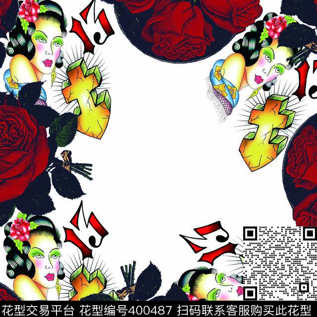 花 - 400487 - 简约 玫瑰花、女孩 - 数码印花花型 － 女装花型设计 － 瓦栏