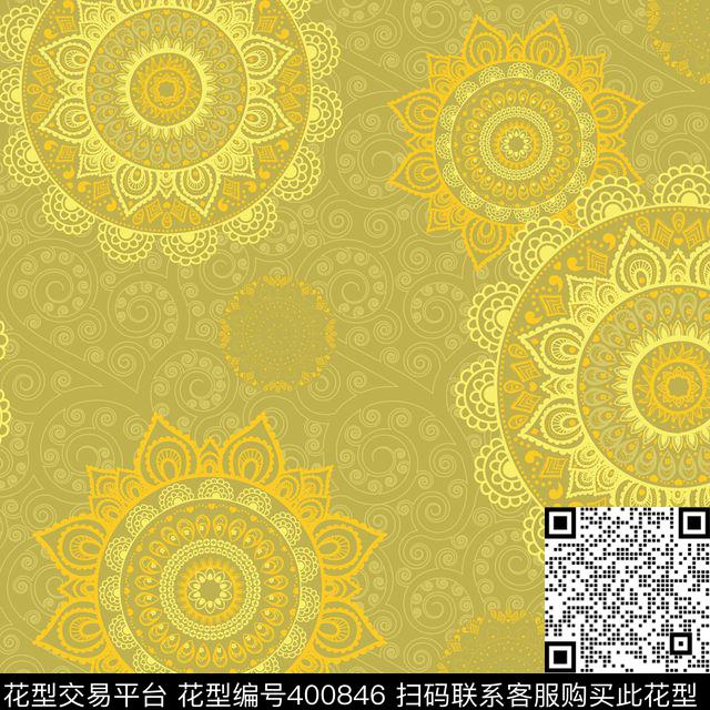 复古花纹  印花 圆形花纹 太阳纹 - 400846 - 时尚 圆形 太阳纹 印花 - 传统印花花型 － 床品花型设计 － 瓦栏