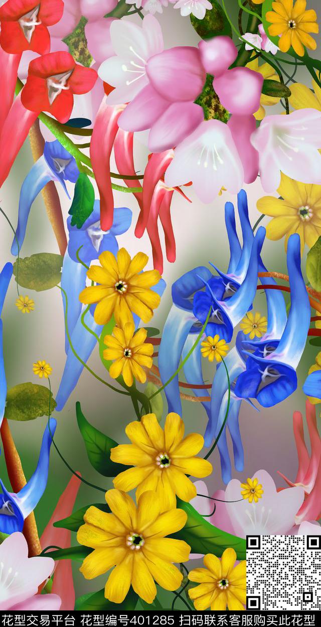 时尚数码抽象花型 - 401285 - 手绘效果 树叶 - 数码印花花型 － 女装花型设计 － 瓦栏