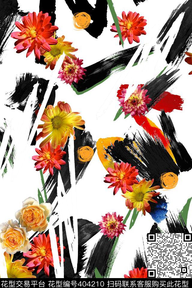笔触花卉 - 404210 - 笔触 花卉 休闲风 - 数码印花花型 － 女装花型设计 － 瓦栏