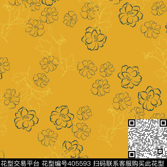 复古线条花卉 - 405593 - 复古 线条花卉 花卉 - 传统印花花型 － 女装花型设计 － 瓦栏