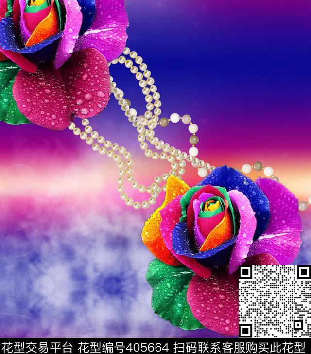 七彩玫瑰 - 405664 - 时尚 七彩玫瑰 流行风格 - 数码印花花型 － 女装花型设计 － 瓦栏