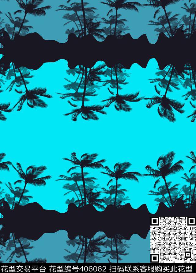 夏威夷棕榈树剪影 - 406062 - 夏威夷风格 棕榈树 - 数码印花花型 － 女装花型设计 － 瓦栏